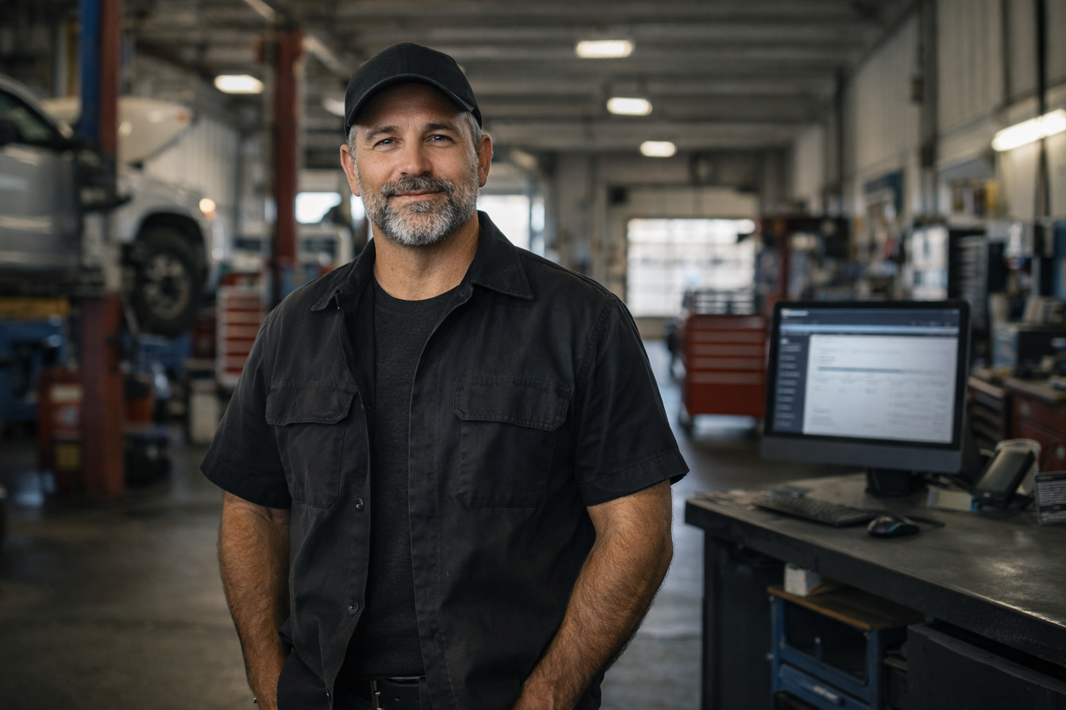 Shop owner in a repair bay with tools, service equipment, and a workstation nearby